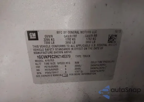 2017 Chevrolet Silverado 1500 Custom z USA, uszkodzony, nr VIN 1GCVKPEC2HZ145379